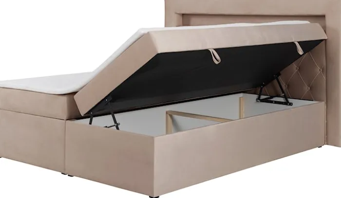 Łóżko kontynentalne 140x200 cm Goldess z pojemnikami i oświetleniem LED beżowe welwet