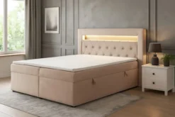 Łóżko kontynentalne 140x200 cm Goldess z pojemnikami i oświetleniem LED beżowe welwet