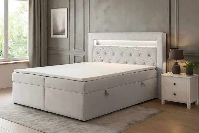 Łóżko kontynentalne 140x200 cm Goldess z pojemnikami i oświetleniem LED szarobeżowe welwet
