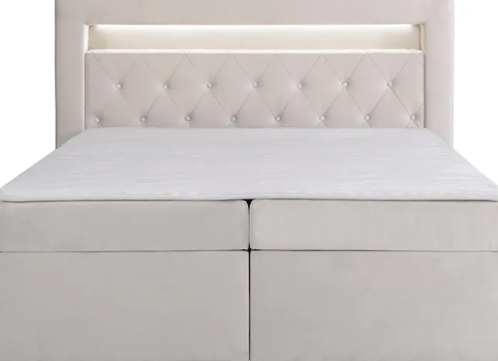 Łóżko kontynentalne 140x200 cm Goldess z pojemnikami i oświetleniem LED szarobeżowe welwet