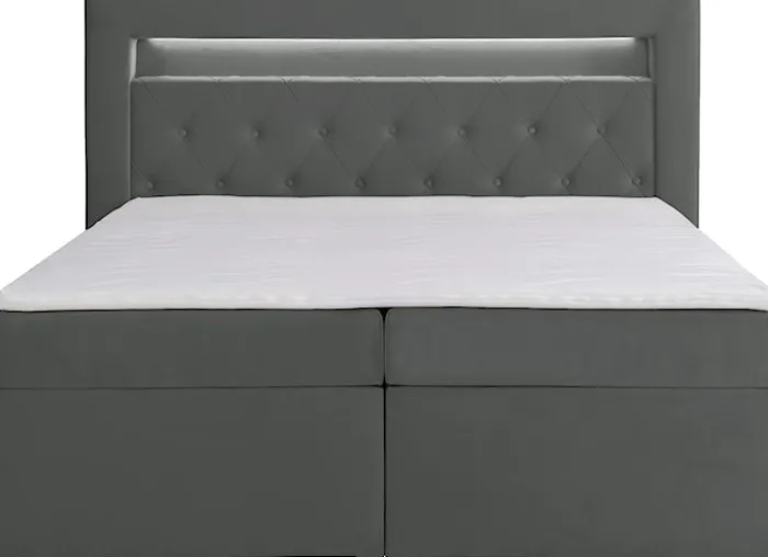 Łóżko kontynentalne 160x200 cm Goldess z pojemnikami i oświetleniem LED ciemnoszare welwet