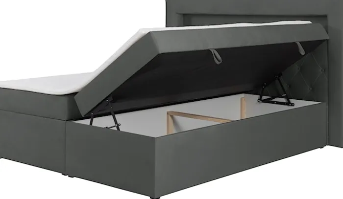Łóżko kontynentalne 160x200 cm Goldess z pojemnikami i oświetleniem LED ciemnoszare welwet