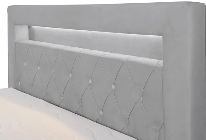 Łóżko kontynentalne 160x200 cm Goldess z pojemnikami i oświetleniem LED szare welwet