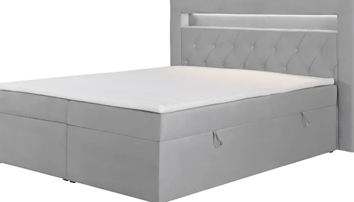 Łóżko kontynentalne 160x200 cm Goldess z pojemnikami i oświetleniem LED szare welwet