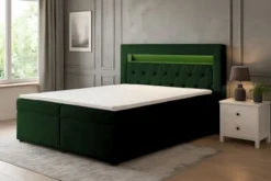 Łóżko kontynentalne 160x200 cm Goldess z pojemnikami i oświetleniem LED butelkowa zieleń welwet