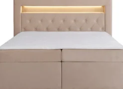 Łóżko kontynentalne 160x200 cm Goldess z pojemnikami i oświetleniem LED beżowe welwet