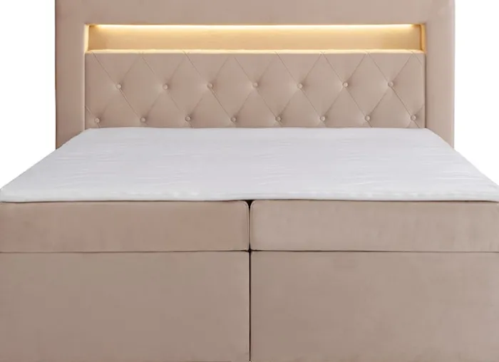 Łóżko kontynentalne 160x200 cm Goldess z pojemnikami i oświetleniem LED beżowe welwet
