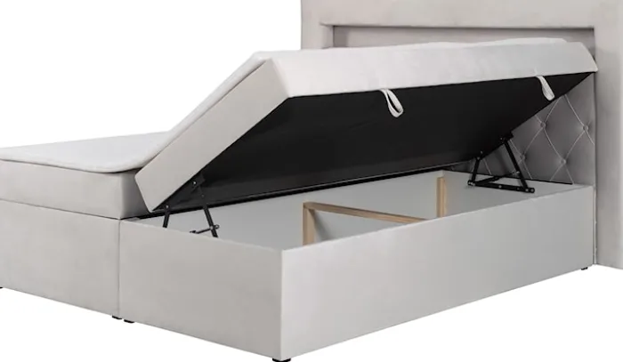 Łóżko kontynentalne 160x200 cm Goldess z pojemnikami i oświetleniem LED szarobeżowe welwet