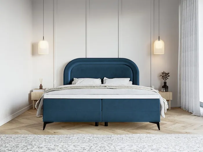 Łóżko kontynentalne 140x200 cm Loreo z topperem i pojemnikami granatowe welur hydrofobowy