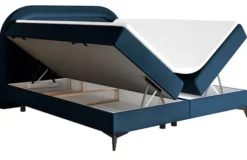 Łóżko kontynentalne 140x200 cm Loreo z topperem i pojemnikami granatowe welur hydrofobowy
