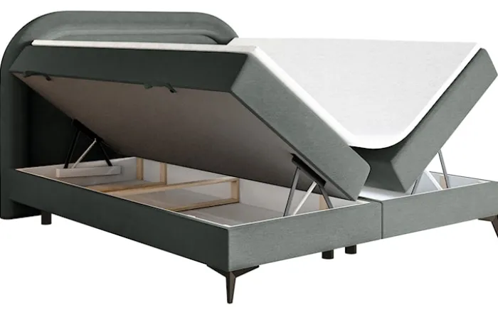 Łóżko kontynentalne 140x200 cm Loreo z topperem i pojemnikami szare welur hydrofobowy