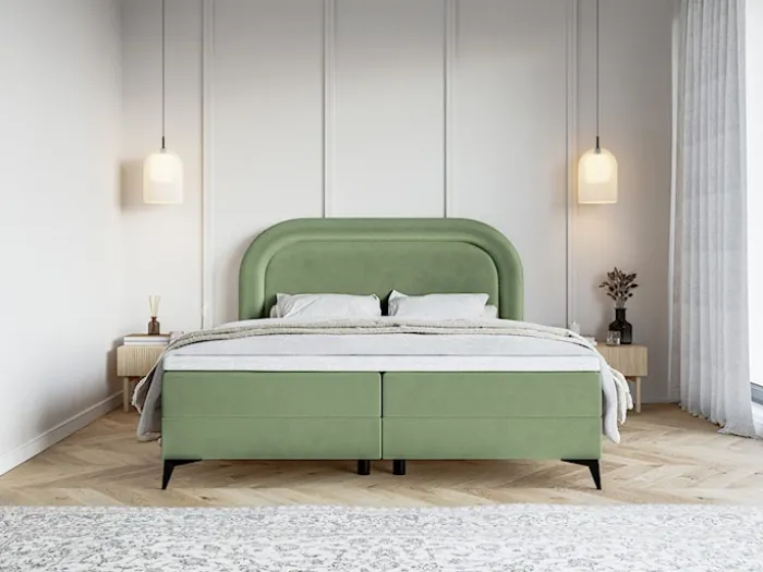 Łóżko kontynentalne 140x200 cm Loreo z topperem i pojemnikami eukaliptusowe welur hydrofobowy