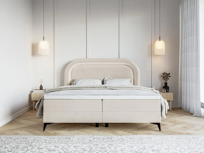 Łóżko kontynentalne 140x200 cm Loreo z topperem i pojemnikami szarobeżowe welur hydrofobowy