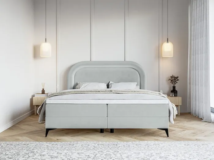 Łóżko kontynentalne 160x200 cm Loreo z topperem i pojemnikami gołębie welur hydrofobowy