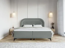 Łóżko kontynentalne 160x200 cm Loreo z topperem i pojemnikami szare welur hydrofobowy