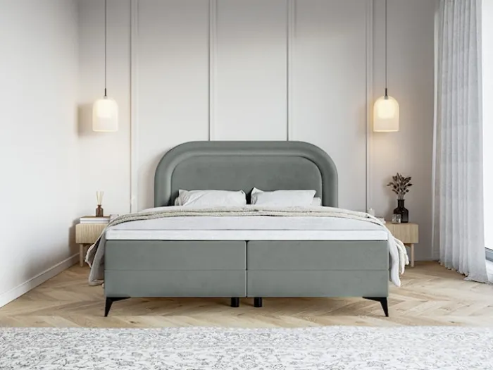 Łóżko kontynentalne 160x200 cm Loreo z topperem i pojemnikami szare welur hydrofobowy