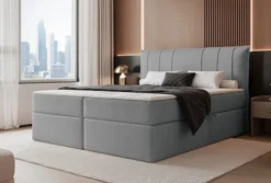 Łóżko kontynentalne 160x200 cm Moly z materacem bonellowym i topperem szare welur hydrofobowy