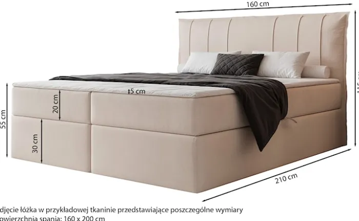 Łóżko kontynentalne 160x200 cm Moly z materacem bonellowym i topperem szare welur hydrofobowy