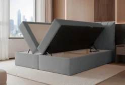 Łóżko kontynentalne 160x200 cm Moly z materacem bonellowym i topperem szare welur hydrofobowy