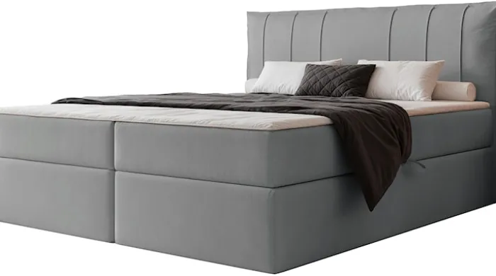 Łóżko kontynentalne 200x200 cm Moly z materacem bonellowym i topperem szare welur hydrofobowy