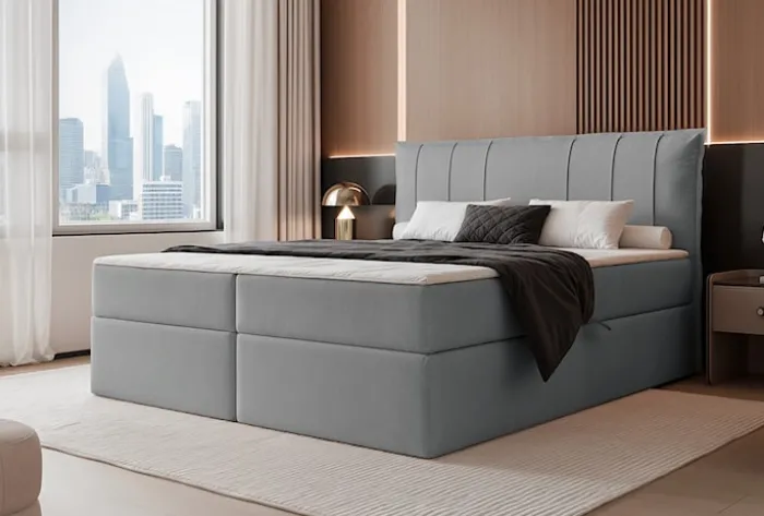 Łóżko kontynentalne 200x200 cm Moly z materacem bonellowym i topperem szare welur hydrofobowy
