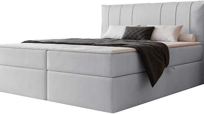 Łóżko kontynentalne 200x200 cm Moly z materacem bonellowym i topperem jasnoszare welur hydrofobowy