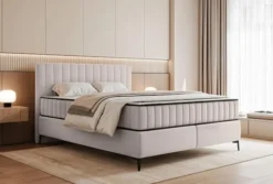 Łóżko kontynentalne 160x200 cm Mufasso z pojemnikiem jasnobeżowe welur hydrofobowy