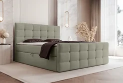 Łóżko kontynentalne 160x200 cm Padwa z pojemnikami i topperem oliwkowe welur