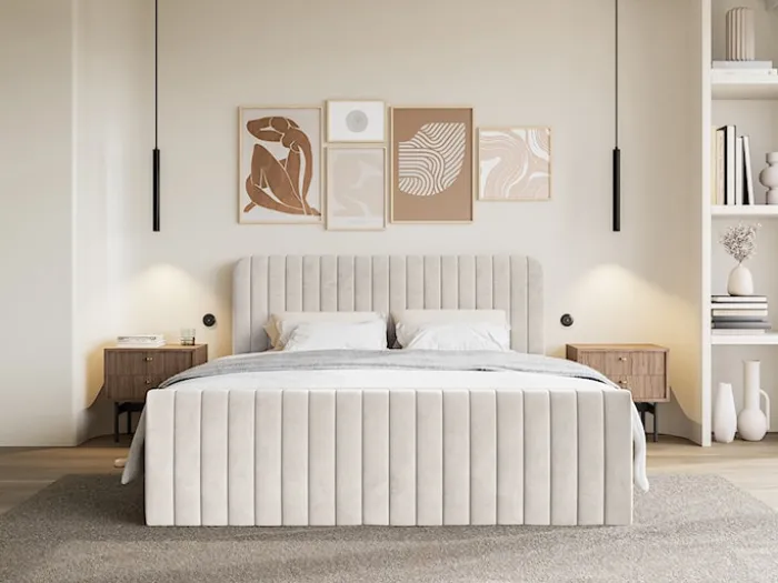 Łóżko kontynentalne 140x200 cm Saliano z pojemnikami i topperem beżowe welur