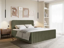 Łóżko kontynentalne 160x200 cm Saliano z pojemnikami i topperem oliwkowe welur