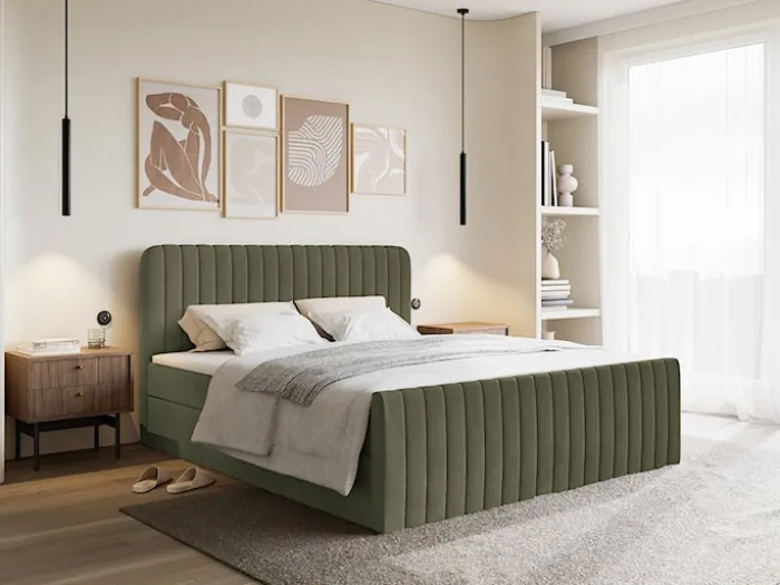 Łóżko kontynentalne 160x200 cm Saliano z pojemnikami i topperem oliwkowe welur