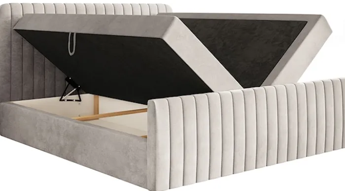 Łóżko kontynentalne 180x200 cm Saliano z pojemnikami i topperem beżowe welur