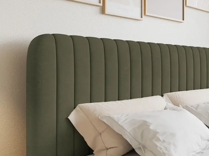 Łóżko kontynentalne 180x200 cm Saliano z pojemnikami i topperem oliwkowe welur