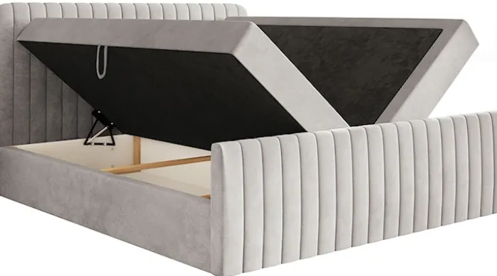 Łóżko kontynentalne 200x200 cm Saliano z pojemnikami i topperem szarobeżowe welur