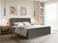Łóżko kontynentalne 200x200 cm Saliano z pojemnikami i topperem brązowe welur