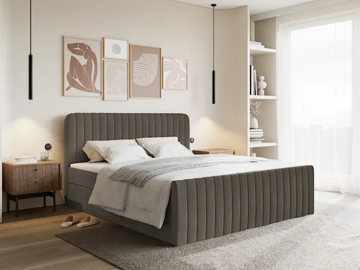 Łóżko kontynentalne 200x200 cm Saliano z pojemnikami i topperem brązowe welur
