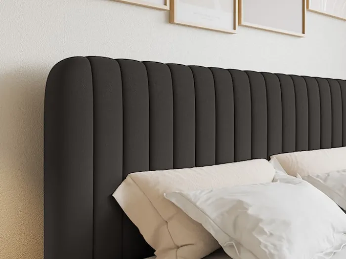 Łóżko kontynentalne 140x200 cm Saliano z pojemnikami i topperem grafitowe szenil hydrofobowy