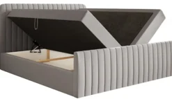 Łóżko kontynentalne 160x200 cm Saliano z pojemnikami i topperem szarobeżowe szenil hydrofobowy