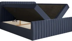 Łóżko kontynentalne 160x200 cm Saliano z pojemnikami i topperem granatowe szenil hydrofobowy