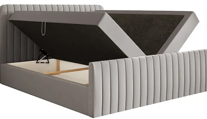 Łóżko kontynentalne 180x200 cm Saliano z pojemnikami i topperem szarobeżowe szenil hydrofobowy