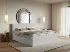 Łóżko kontynentalne 140x200 cm Softie z pojemnikami i topperem jasnoszare szenil