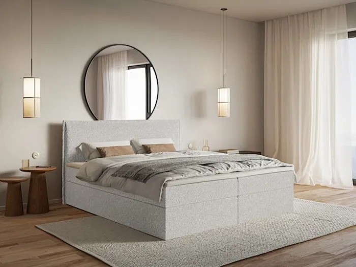 Łóżko kontynentalne 140x200 cm Softie z pojemnikami i topperem jasnoszare szenil