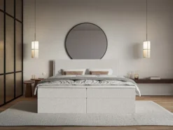 Łóżko kontynentalne 140x200 cm Softie z pojemnikami i topperem jasnoszare szenil
