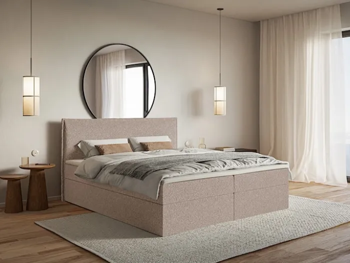 Łóżko kontynentalne 140x200 cm Softie z pojemnikami i topperem ciemnobeżowe szenil