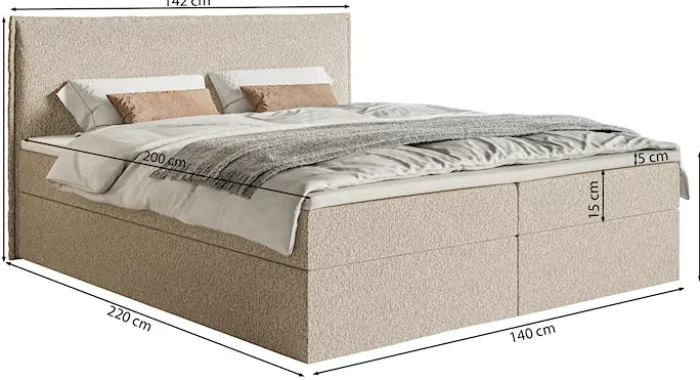 Łóżko kontynentalne 140x200 cm Softie z pojemnikami i topperem ciemnobeżowe szenil