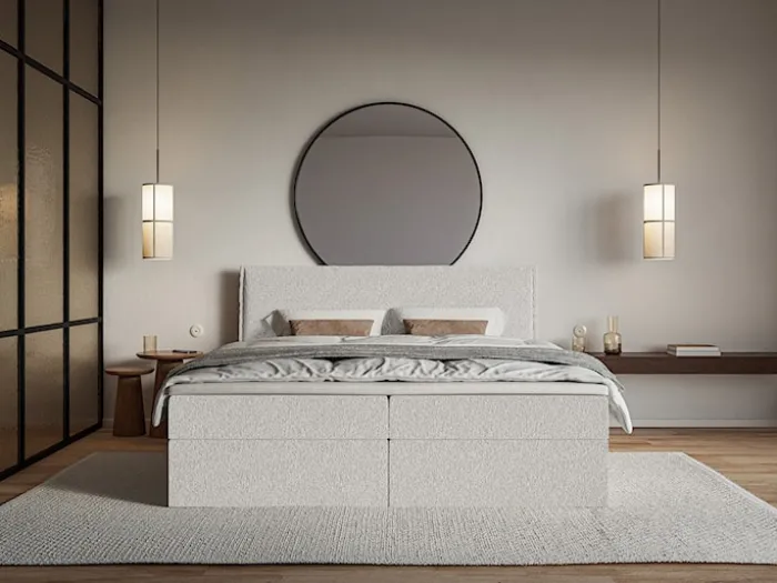 Łóżko kontynentalne 160x200 cm Softie z pojemnikami i topperem jasnoszare szenil