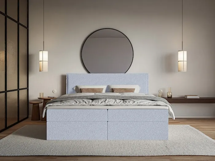 Łóżko kontynentalne 160x200 cm Softie z pojemnikami i topperem błękitne szenil