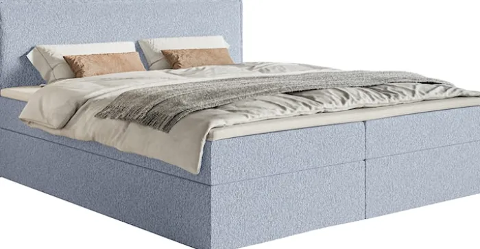 Łóżko kontynentalne 160x200 cm Softie z pojemnikami i topperem błękitne szenil