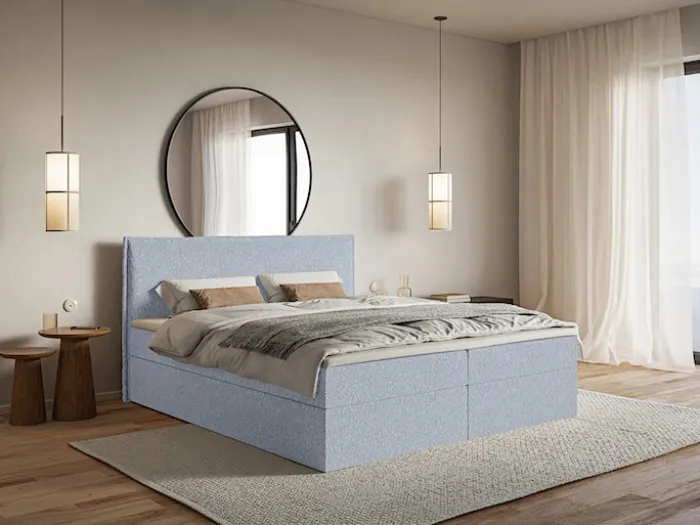 Łóżko kontynentalne 160x200 cm Softie z pojemnikami i topperem błękitne szenil