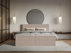 Łóżko kontynentalne 160x200 cm Softie z pojemnikami i topperem ciemnobeżowe szenil